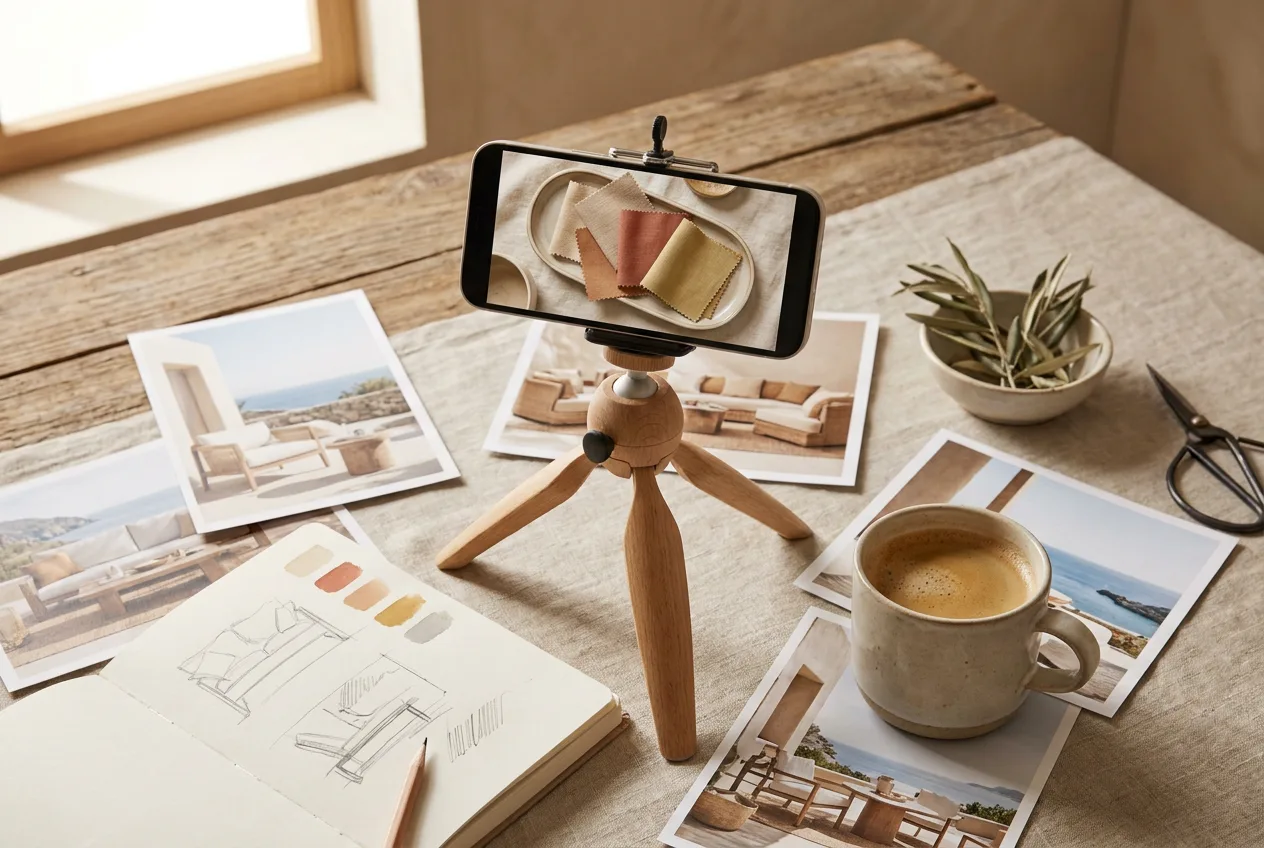 Werkplek met moodboard, stofstalen en laptop voor contentcreatie