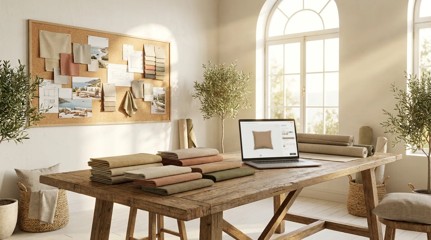 Studio-werkplek met stofstalen, moodboard en de 3D-configurator op een laptop
