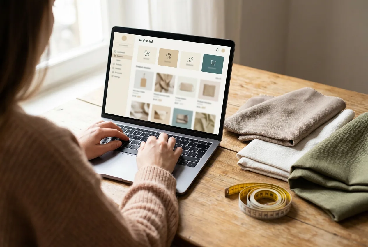 Laptop met de 3D-configurator en productlistings op een werkbureau